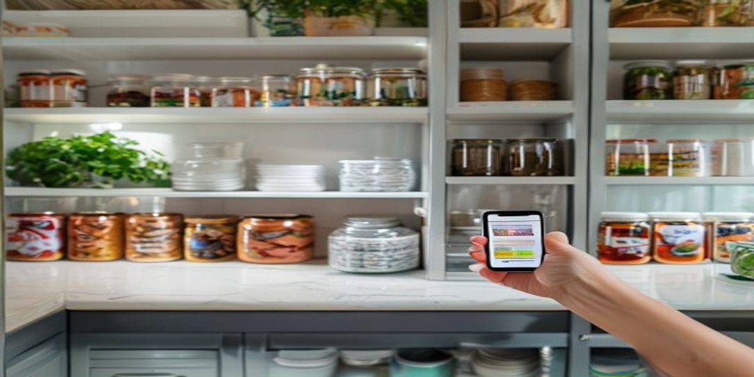 A smartphone using a barcode scanner app in a well-organized modern kitchen pantry