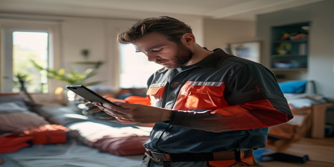 Field technician using an inventory app on a smartphone to document property damage.