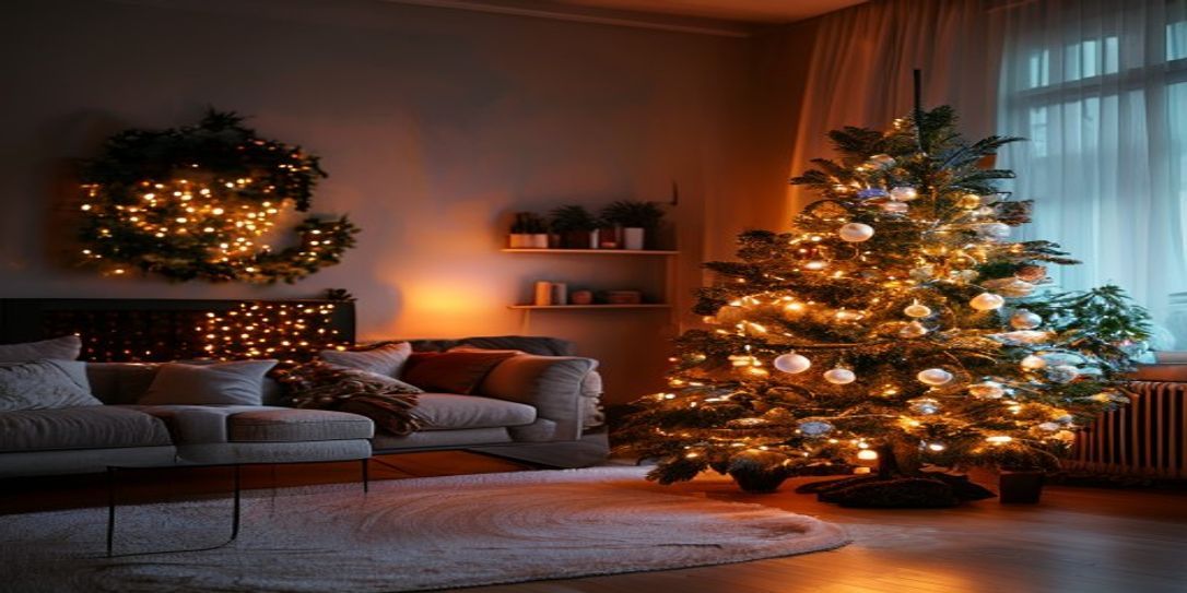 Beautifully decorated pre-lit artificial Christmas tree in a home setting