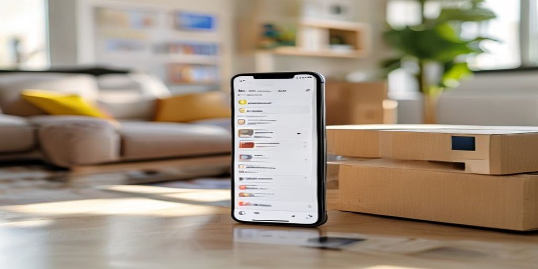 A smartphone app interface for home inventory management with moving boxes in the background.