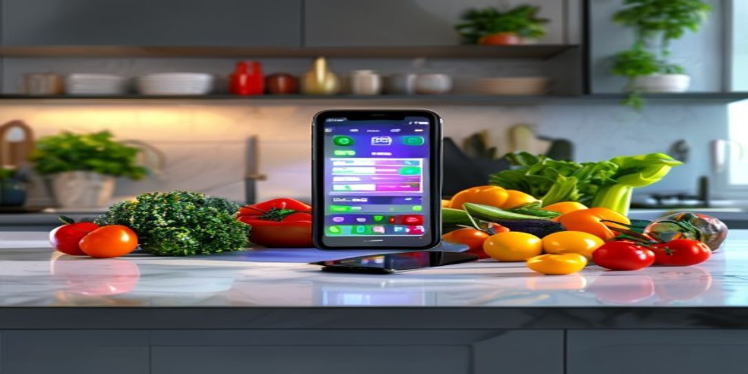 Modern kitchen with smartphone showing a grocery inventory app