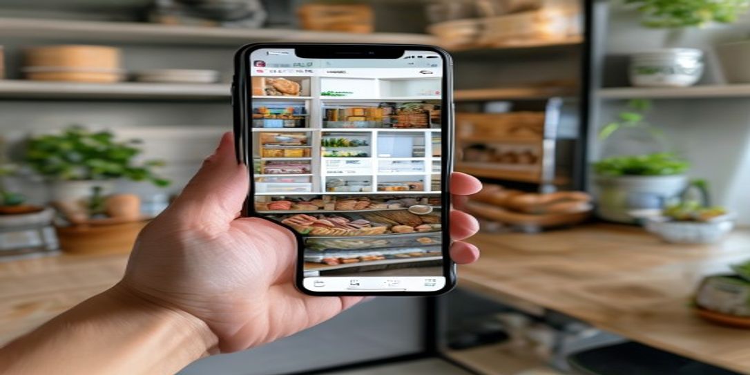 Person using an inventory app on a smartphone to organize their home pantry
