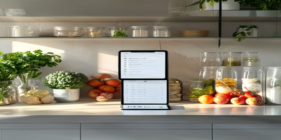Modern kitchen with a digital grocery inventory app displayed on a tablet
