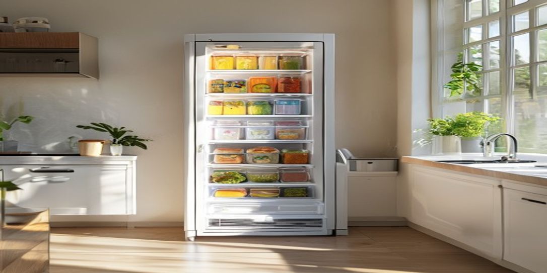 A clean, organized home freezer being managed by a mobile app to reduce food waste
