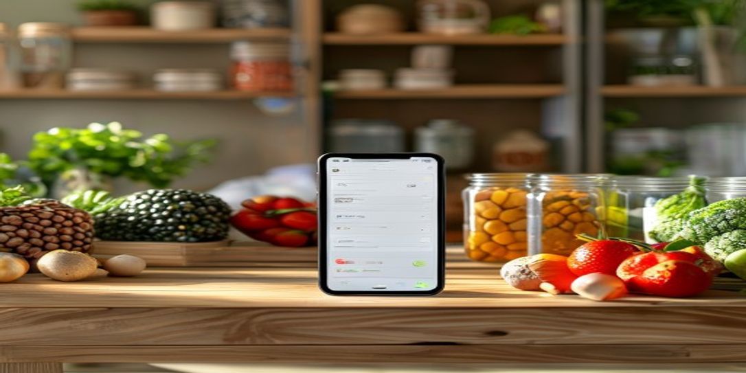 A organized pantry and smartphone showing grocery inventory app