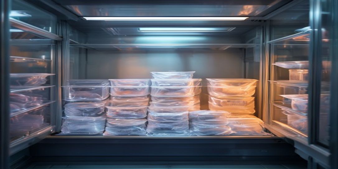 A well-organized home freezer showing labeled containers for food tracking