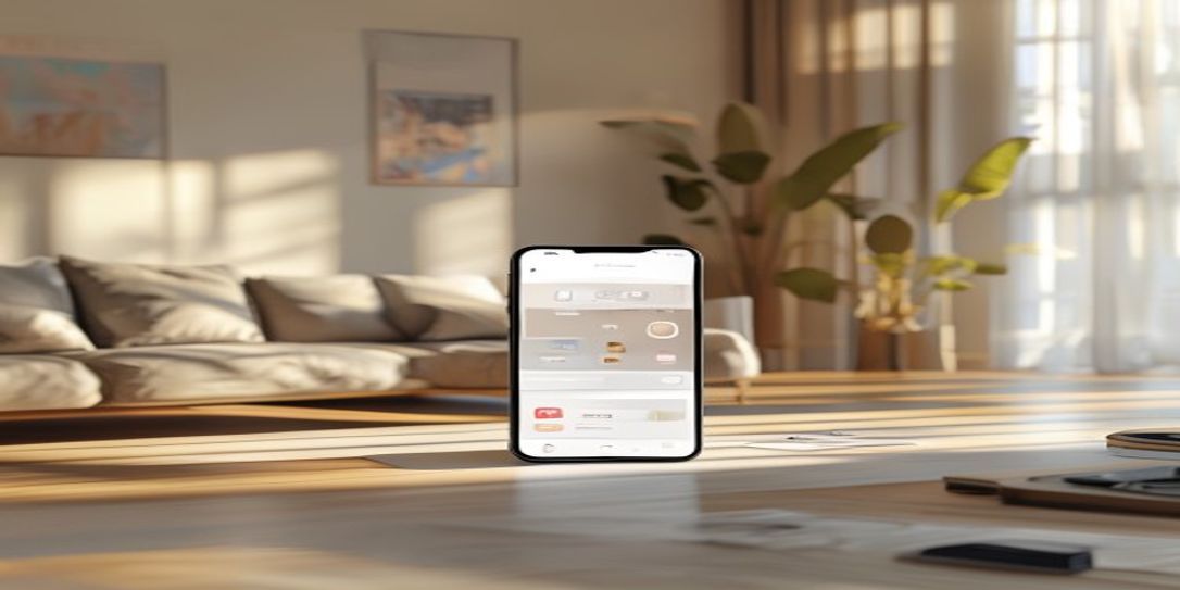 A smartphone showing a home inventory app in a bright living room