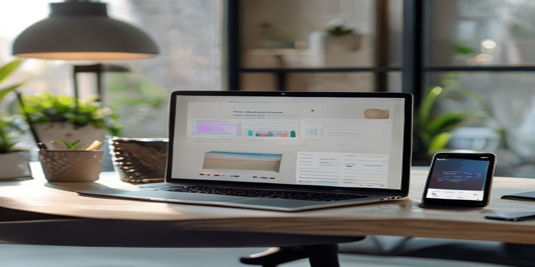 A modern workspace featuring a MacBook and a smartphone running the Rivets home inventory app.