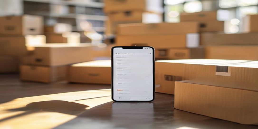 Mobile phone showing a home inventory app with moving boxes in the background