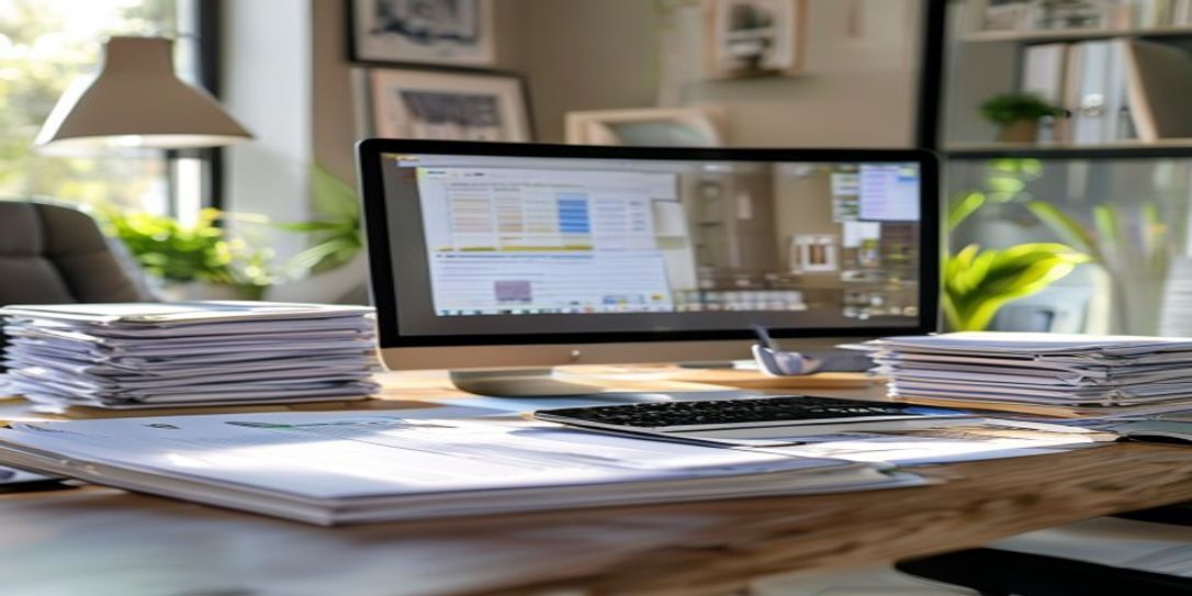 A organized home office desk with a digital inventory spreadsheet and tablet showing asset tracking software.