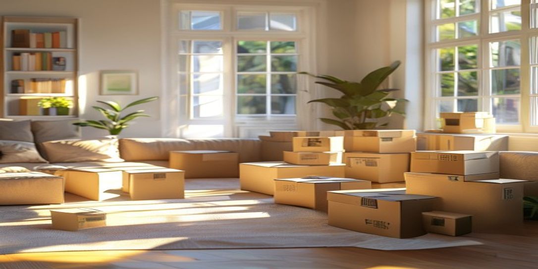 Organized moving boxes in a living room for inventory tracking