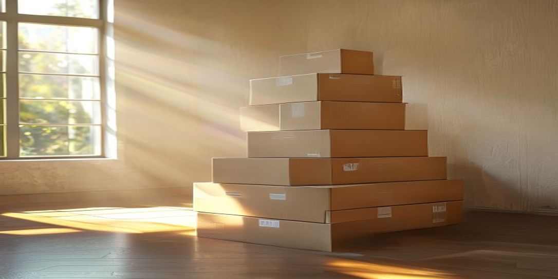 Organized moving boxes in a home for a long-distance move