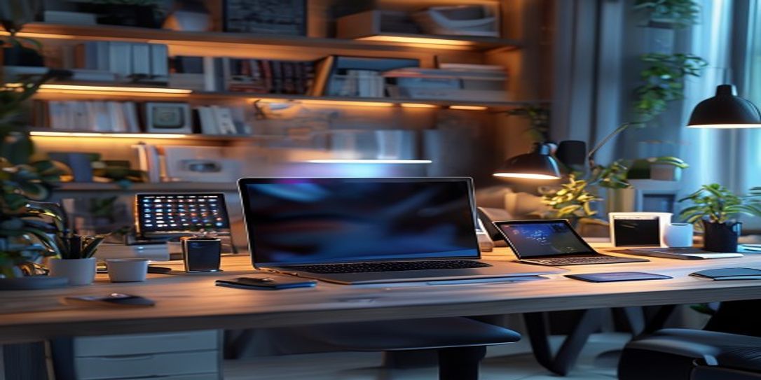 A modern home office setup with various electronic devices showing organized asset documentation