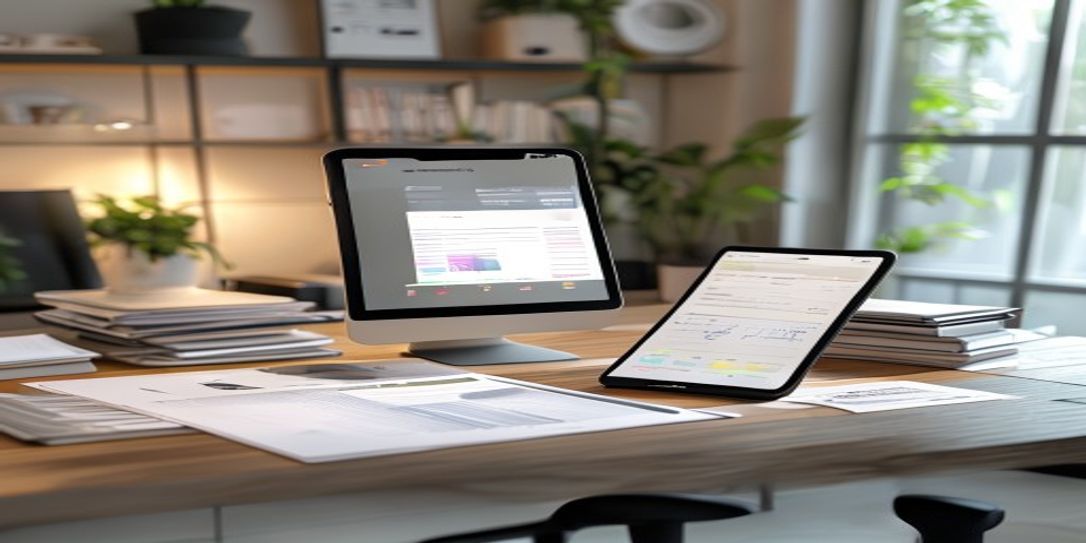 A modern home office setup featuring a smartphone with a home inventory app and a tablet displaying inventory data.