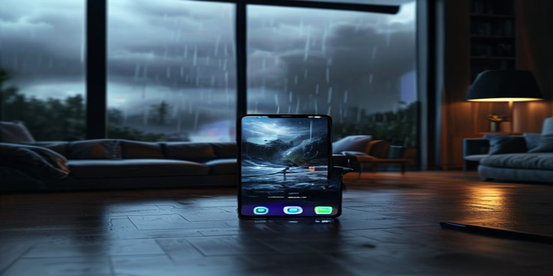 A smartphone showing a home inventory app interface with a storm outside the window.
