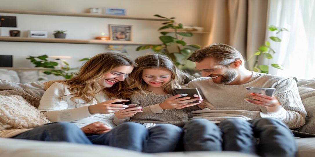 A family collaboratively using a home inventory app on mobile devices