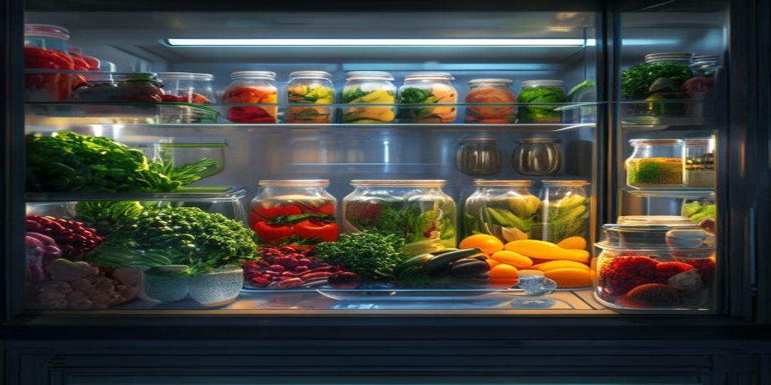 A well-organized refrigerator showing food items being tracked with an inventory app