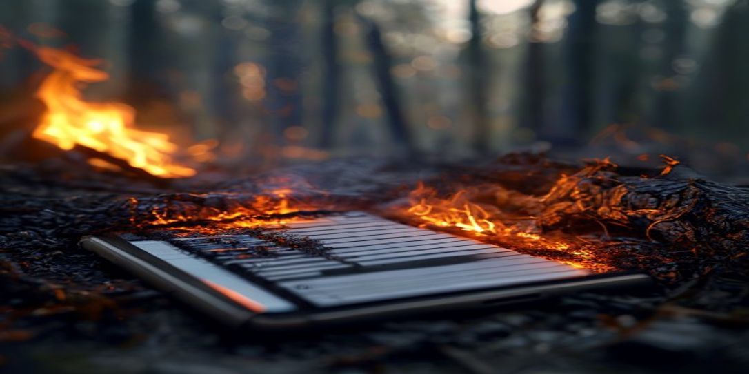 A digital home inventory checklist on an Android smartphone with a wildfire-affected landscape in the background.