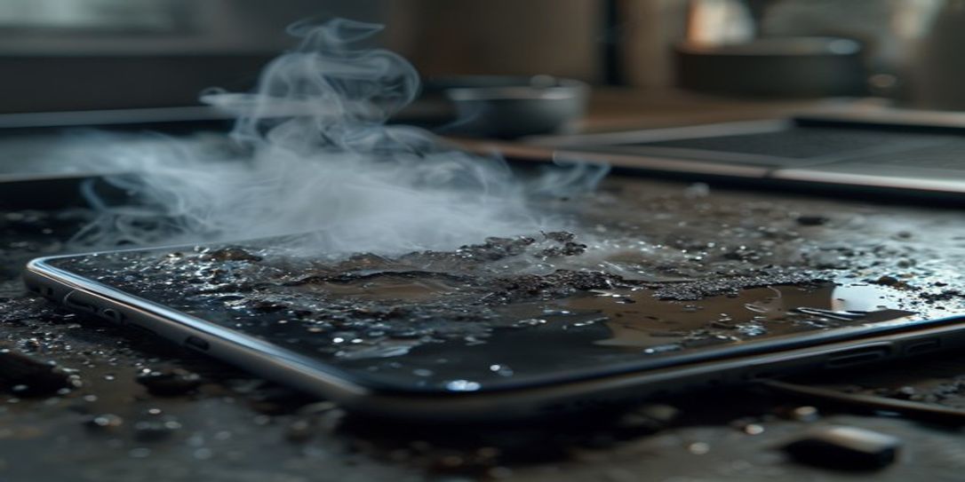 Close up photo showing heat and smoke damage on electronics for insurance documentation