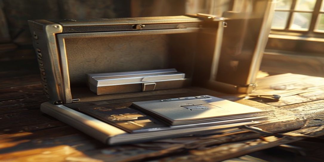 A fireproof safe with a USB drive, SD card, and printed inventory binder to represent offline data backups.