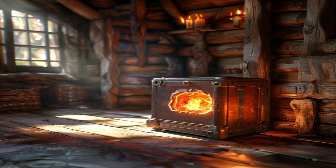 A secure fireproof document safe in a rustic remote cabin for wildfire protection