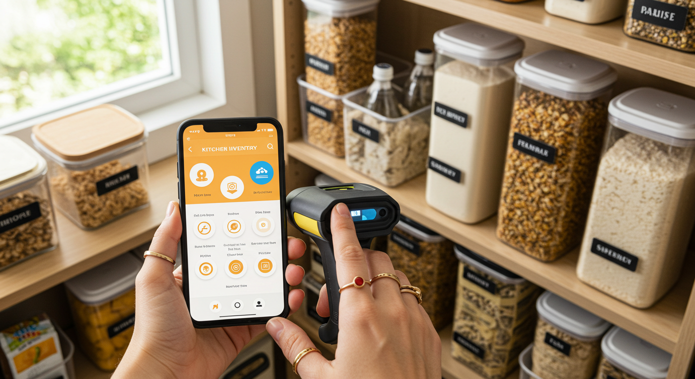 Smartphone screen showing a kitchen inventory app with a barcode scanner being used on a food item, with a well-organized pantry in the background.