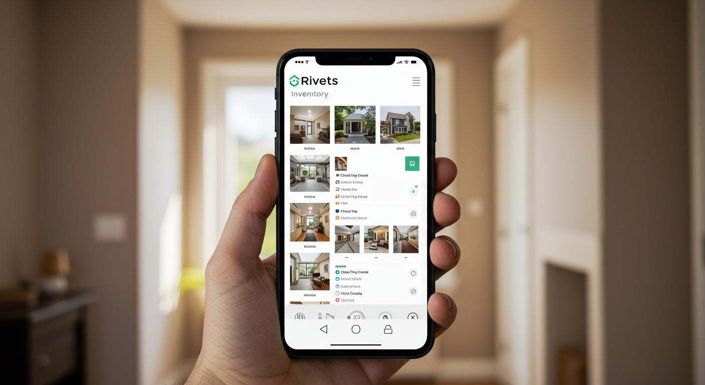 A smartphone displaying the Rivets Inventory app with a detailed home inventory list for insurance documentation.